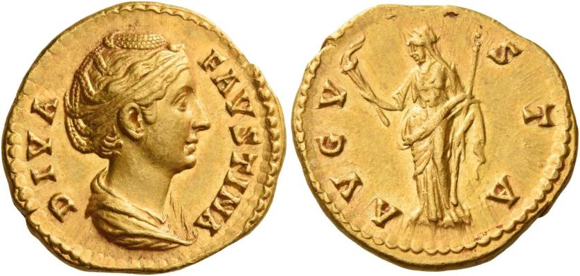 91   -  DIVA FAUSTINA. Aureus.  AV 7.27 g. DIVA – FAVSTINA Draped bust r., hair waved and coiled on top of head. Rev. AVGV – STA Ceres standing facing, head l., holding lighted torch and short vertical sceptre. About extremely fine.