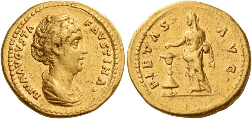 92   -  DIVA FAUSTINA. Aureus.   AV 7.14 g. DIVA AVGVSTA – FAVSTINA Draped bust r., hair waved and coiled on top of head. Rev. PIETAS – AVG Pietas, veiled, standing l., sprinkling incense on candelabrum and holding box. Good very fine / very fine.