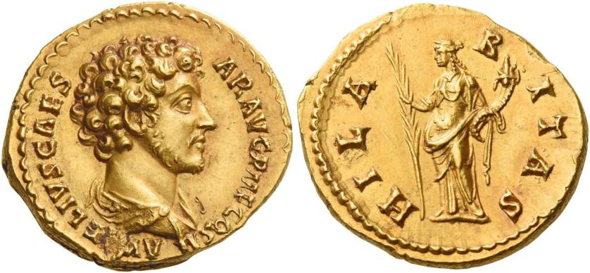 94   -  MARCUS AURELIUS CAESAR. Aureus.  AV 7.32 g. A[VR]ELIVS CAES – AR AVG P II F COS II Bare-headed and draped bust r. Rev. HILA – R – ITAS Hilaritas standing l., holding long palm branch and cornucopia. An extremely rare variety. A portrait of excellent style struck on a very large flan and a lovely light reddish tone. Two almost invisible marks on obverse, otherwise good extremely fine.