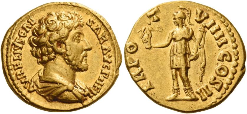 98   -  MARCUS AURELIUS CAESAR. Aureus. AV 7.28 g. AVRELIVS CAE – SAR AVG P II FIL Bare-headed, draped, and cuirassed bust r. Rev. TR PO – T – VIIII COS II Roma, helmeted, in military attire, standing l., holding Victory on extended r. hand and parazonium in l. About extremely fine.