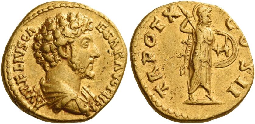 99   -  MARCUS AURELIUS CAESAR. Aureus. AV 7.31 g. AVRELIVS CA – ESAR AVG P II FIL Bare-headed, draped and cuirassed bust r. Rev. TR POT X – COS II Minerva advancing r., holding javelin in r. hand and round shield in l. Good very fine.