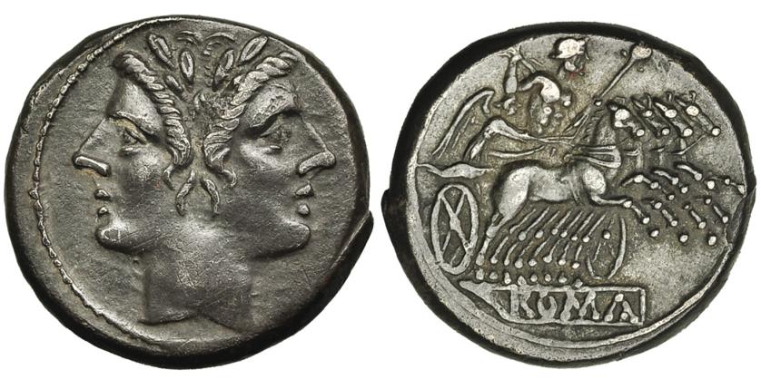 100   -  Quadrigatus (225-212 a.C.). Roma? R/ ROMA en relieve en cartela. CRAW-31/1. Pátina oscura. MBC+.