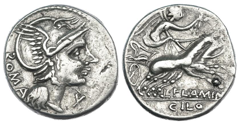 107   -  FLAMINIA. Denario. Roma (109-108 a.C.). CRAW-302.1. FFC-708.  Pequeño defecto de cospel. Punto de óxido. MBC.