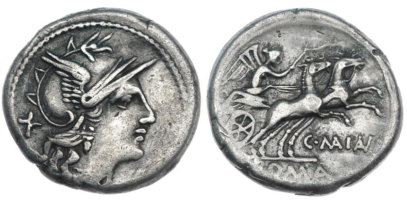 113   -  MAIANIA. Denario. Roma (153 a.C.). R/ Ley. MAIANI (nexada). CRAW-2013.1a. FFC-832. MBC/MBC-.