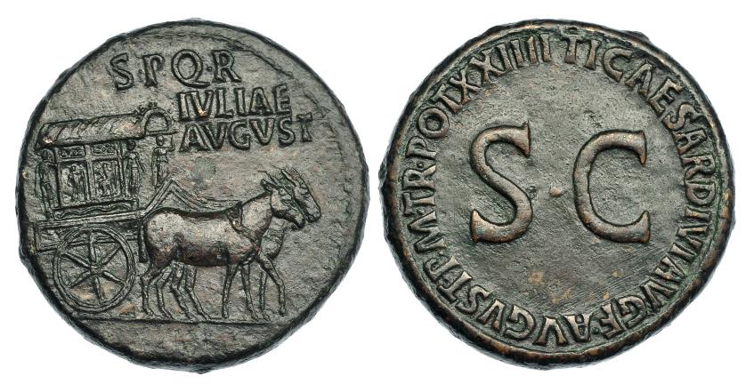 141   -  JULIA. Sestercio. Roma (21-22 d.C.). A/ Carpentum a der. tirado por dos mulas SPQR/ IVLIAE/ AVGVST. R/ SC, alrededor TI CAESAR DIVI AVG F AVGVST P M TR POT XXIIII. RIC-51. Leves trazas de limpieza mecánica. Pátina rojiza. MBC+. Rara.