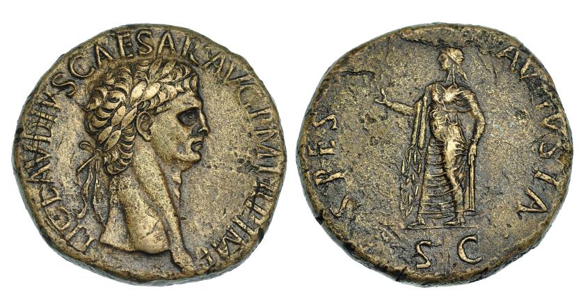 145   -  CLAUDIO I. Sestercio. Roma (50-54 d.C.). A/ Cabeza laureada a der.; TI CLAVDIVS CAESAR AVG P M TR P IMP (P P). R/ Spes avanzando a izq. con flor y levantándose la falda; SPES AVGVSTA, S-C. RIC-15. Pequeñas marcas. Bonito retrato. MBC+/MBC.