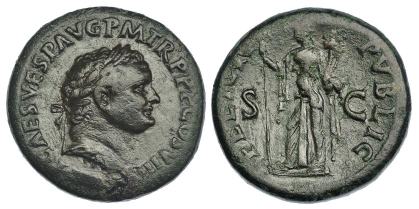 157   -  TITO. Sestercio. Roma (80 d.C.). A/ Cabeza laureada a der.; (IMP) T CAES VESP AVG P M TR P P P COS VIII. R/ Felicitas a izq. con cetro y cornucopia; FELICIT PVBLIC, S-C. RIC-89. Trazas de limpieza mecánica. Pátina verde oscuro. MBC/MBC-.