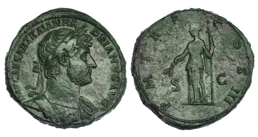 164   -  ADRIANO. Sestercio. Roma (121 d.C). A/ Busto laureado con coraza y manto a der.; IMP CAESAR TRAIAN HADRIANVS AVG. R/ Ceres a izq. con espigas y antorcha;  P M TR P COS III. RIC-610. Pátina verde. MBC/BC+.