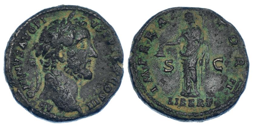 167   -  ANTONINO PÍO. As. Roma (143-144). R/ Libertas a izq. con pileus y vara; IMPERATOR II, exergo LIBERT, S-C. RIC-738. Leves oxidaciones. MBC-.