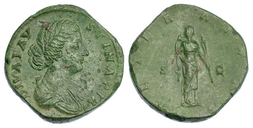 173   -  FAUSTINA LA MENOR. Sestercio. Roma (176-180). A/ Busto drapeado a der.; DIVA FAVSTINA PIA. R/ Aeternitas con antorcha arreglándose el velo; en campo S-C. RIC-1692. Pátina verde con pequeñas erosiones. MBC+/MBC-.