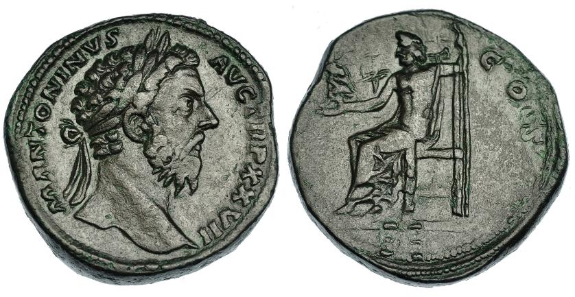 175   -  MARCO AURELIO. Sestercio. Roma (172-173). A/ Cabeza laureada a der.; M ANTONINVS AVG TR P XXVII. R/ Júpiter sentado a izq. con Victoria y cetro. RIC-1063. MBC/MBC-.