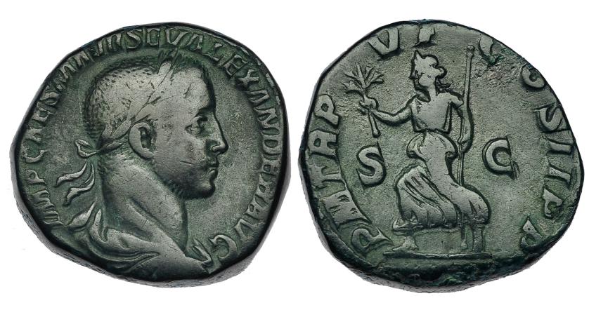 185   -  ALEJANDRO SEVERO. Sestercio. Roma (227 a.C.). R/ Pax avanzando a izq. P M TR P VI COS II  P P. RIC-465. Pátina verde. MBC-.