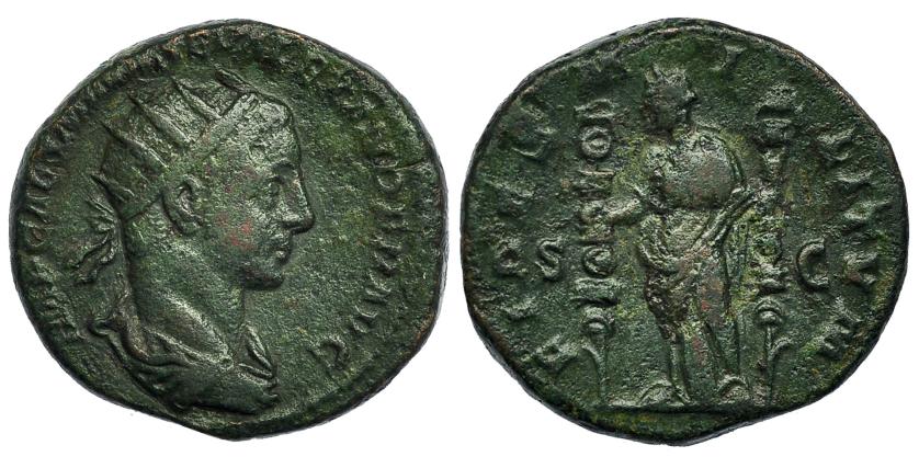 188   -  ALEJANDRO SEVERO. Dupondio. Roma (222-231). R/ Fides con dos estandartes; FIDES MILTVM, S-C. RIC-553. Pátina verde. MBC-/BC+.