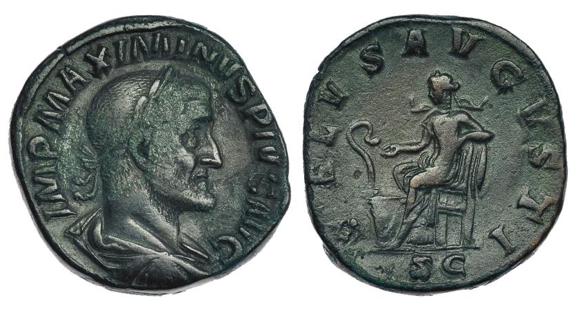 193   -  MAXIMINO I. Sestercio. Roma (235-236). R/ Salus sentada a izq. alimentando serpiente sobre un altar; SALVS AVGVSTI. RIC-64. Pátina verde oscuro. MBC-. 