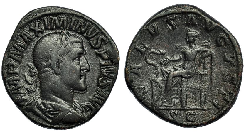 194   -  MAXIMINO I. Sestercio. Roma (235-236). R/ Salus sentada a izq. con pátera, delante serpiente sobre altar; (SALVS) AVGVSTI, S C. RIC-64. Pátina verde oscuro. MBC.