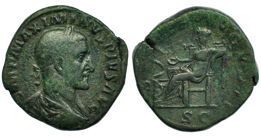 195   -  MAXIMINO I. Sestercio. Roma (235-236). R/ Salus sentada a izq. con pátera, delante serpiente sobre altar; (SALVS) AVGVSTI, S C. RIC-64. Cospel abierto. Pátina verde. BC+.