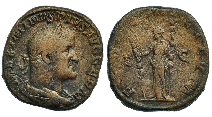 196   -  MAXIMINO I. Sestercio. Roma (236-238). R/ Fides con dos estandartes; FIDES MILITVM, S-C. RIC-78. MBC-/BC+.
