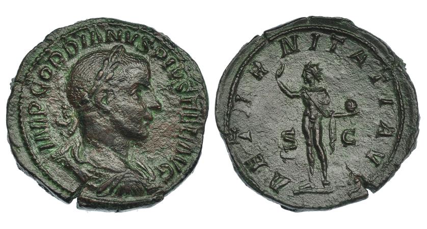 200   -  GORDIANO III. Sestercio. Roma (240). A/ Busto laureado, drapeado y con coraza a der.; IMP GORDIANVS PIVS FEL AVG. R/ Sol con mano der. levantada y globo; AETERNITATI AVG, S-C. RIC-297a. Pátina marrón rugosa. MBC/MBC+.