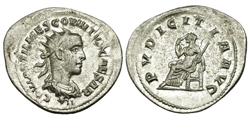 202   -  HOSTILIANO. Antoniniano. Antioquia (251). R/ Pudicitia sentada a izq. con cetro; PVDICITIA AVG. RIC-196. EBC-. Rara.