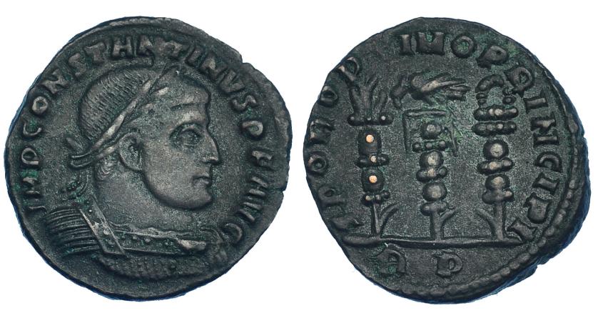 212   -  CONSTANTINO I. Follis. Roma (312-313). R/ Tres estandartes; SPQR OPTIMO PRINCIPI, exergo RP. RIC-349a. MBC. Pátina verde oscuro. MBC.