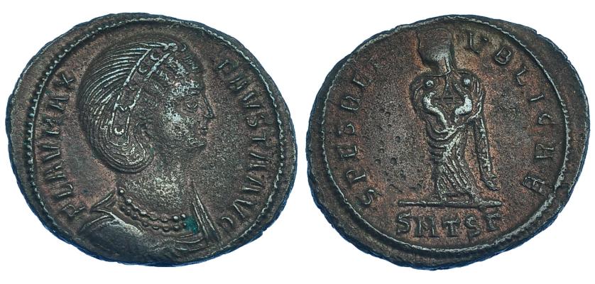 213   -  FAUSTA. Esposa de Constantino II. AE-3. Tesalónica. R/ Spes a izq.; SPES REIPVBLICAE, marca de ceca SMRSG(gamma). RIC-137. Porosidades. MBC+. 