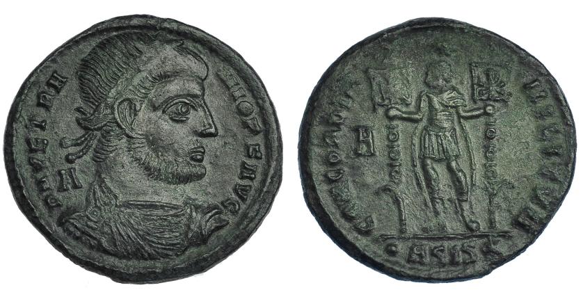 218   -  VETRANIO. Centenionalis. Siscia (350). A/ Busto laureado, drapeado y con coraza a der. R/ Emperador a izq. con dos lábaros; CONCORDIA MILITVM, en campo H, exergo .ASIS*. RIC-281. Pátina verde. MBC.