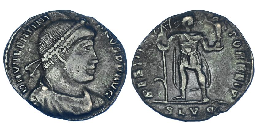 228   -  VALENTINIANO I. Silicua. Lugdunum (364-367). R/ El emperador en traje militar con victoria y lábaro con gancho en el mástil; RESTITVTOR REIP, exergo SLVG. RIC-6b. MBC-. Pátina oscura en rev. Ex hallazgo East Harptree.