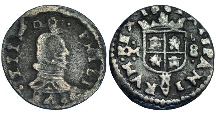 293   -  8 maravedís. 1661. Trujillo. M. Marca de ceca bajo el escudo RS-770. JS-M729. BC/BC+. Escasa.