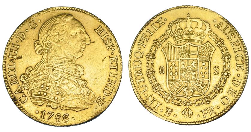 318   -  8 escudos. 1786. Potosí. PR. VI-1737. Hojitas en anv. Estuvo engarzada. MBC-/MBC+.