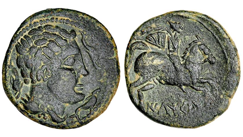 32   -  ILTIRTA. As. A/ Cabeza masculina a der. con manto y fíbula rodeda de tres delfines. R/ Jinete con palma a der., debajo ley. ibérica ILTiRTa sobre línea. AE-10,8 g. CNH-22. I-1471. ACIP-1251. Pátina verde. MBC+/MBC.