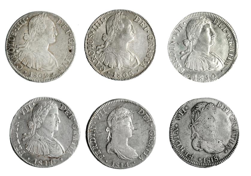326   -  Lote 6 monedas de 8 reales: 1802, 1806, 1810, 1811 y 1814 México y 1818 Zacatecas. De BC+ a EBC-.