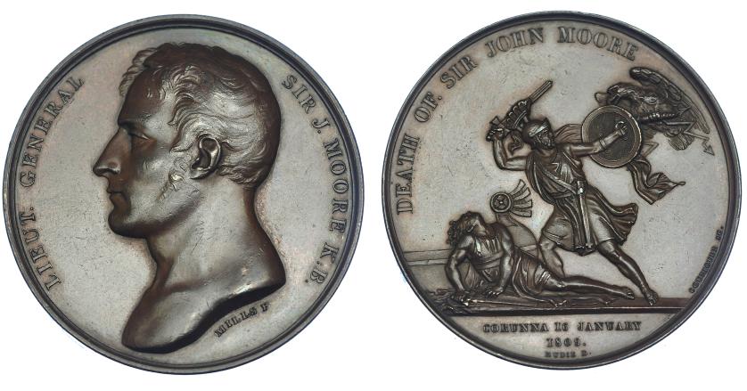 328   -  FRANCIA. Medalla. Guerras Napoleónicas. Series de Mudie. Muerte de sir John Moore y batalla de Coruña 16 de enro de 1809. Grabadores: Mills y Couriguer. AE 41 mm. Pequeñas marcas. SC.