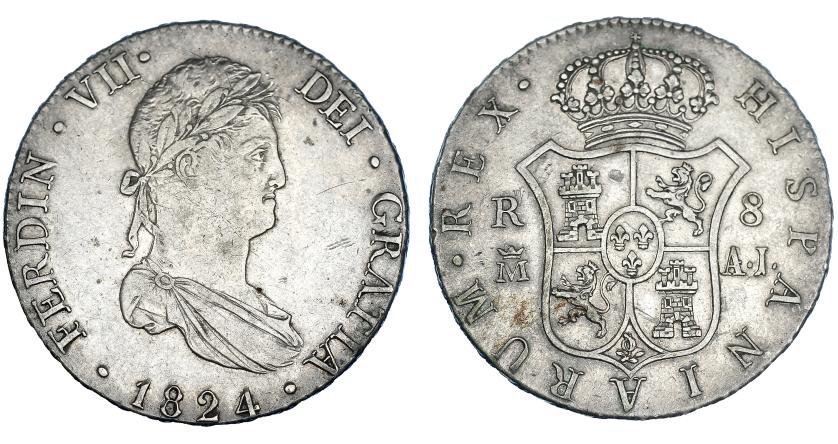 332   -  8 reales. 1824. Madrid. AJ. VI-1072. Pequeñas marcas. MBC/MBC+. Rara.