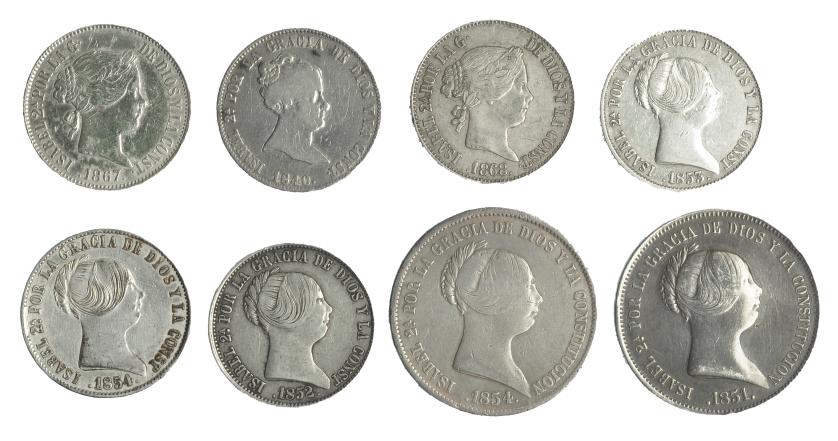 337   -  Lote 8 piezas: 10 reales (4), un escudo (2) y 20 reales (2).  De BC+ a MBC+.