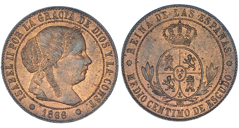 343   -  1/2 céntimo de escudo. 1866. Barcelona. OM. VI-156. B.O. EBC+.