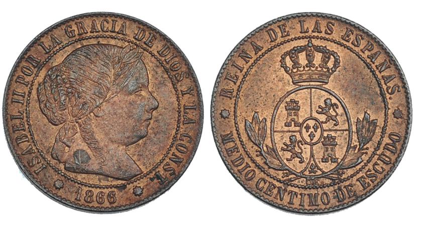 344   -  1/2 céntimo de escudo. 1866. Barcelona. OM. VI-156. R.B.O. EBC-/EBC.