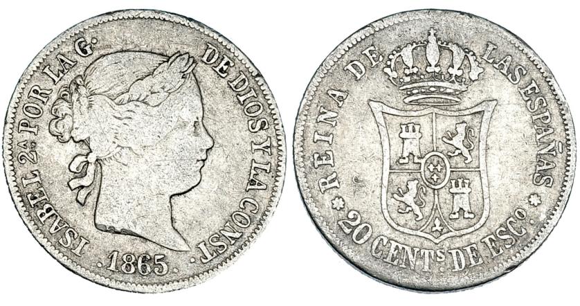 347   -  20 céntimos de escudo. 1865. Sevilla. VI-351. Golpecito en rev. BC+. Muy escasa.