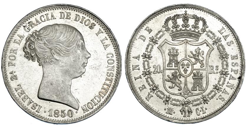 351   -  20 reales. 1850. Madrid. CL. VI-506. Rayitas en anv. R.B.O. EBC.