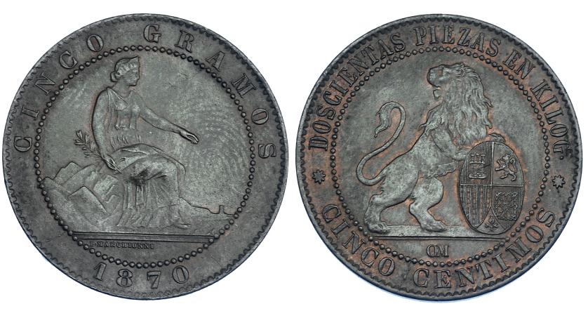 361   -  5 céntimos. 1870. Barcelona. OM. VII-3. EBC-.