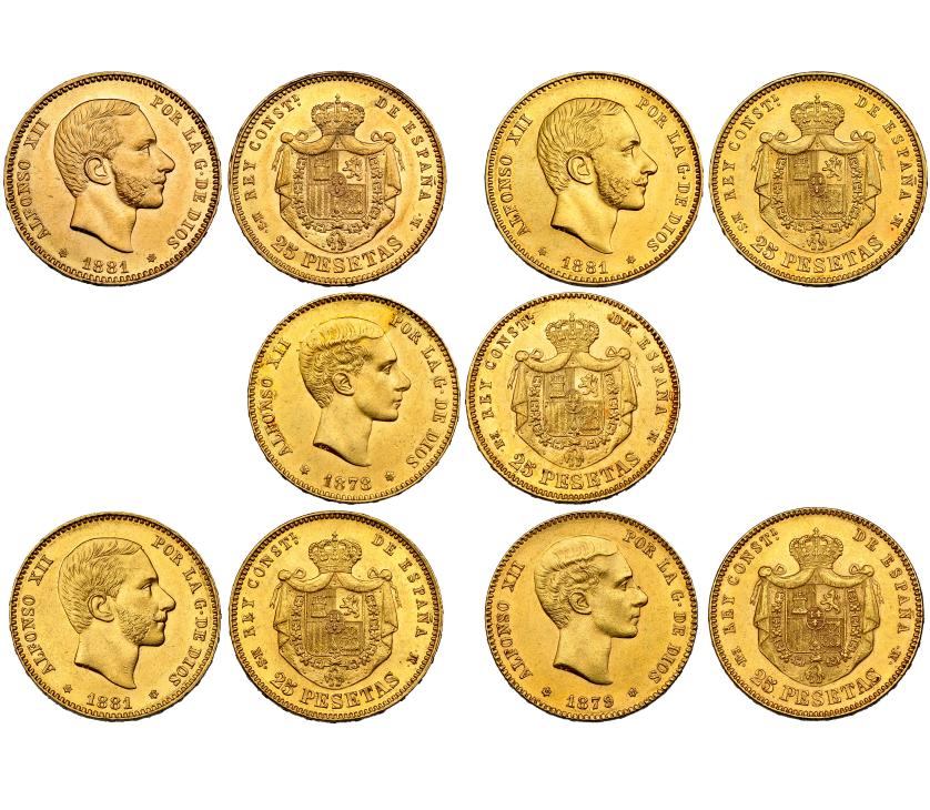 363   -  Lote 5 monedas de 25 pesetas: 1878 EMM (1), 1879 (1), 1881 (3). EBC+/SC.