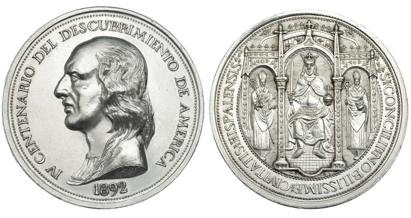 373   -  Medalla conmemorativa del IV Centenario del Descubrimiento de América. 1892. América. AG 50,5 mm. Grabador: C.L.L. MPN-1000 vte. Limaduras en canto a las 9 h. EBC+.