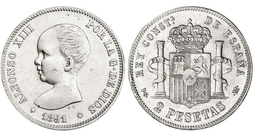 374   -  2 pesetas. 1891*91. Madrid. PGM. VII-172. Limpiada. MBC+/MBC.