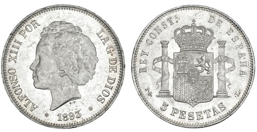 376   -  5 pesetas. 1893 *18-93. Madrid. PGL. VII-185. Pequeñas marcas. B.O. EBC+.