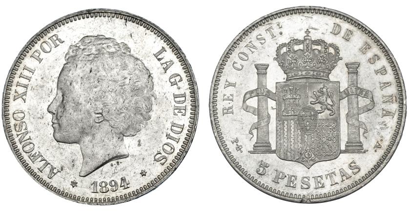 377   -  5 pesetas. 1894 *18-94. Madrid. PGV. VII-187. Pequeñas marcas de acuñación y golpecitos en gráfila. B.O. EBC+.