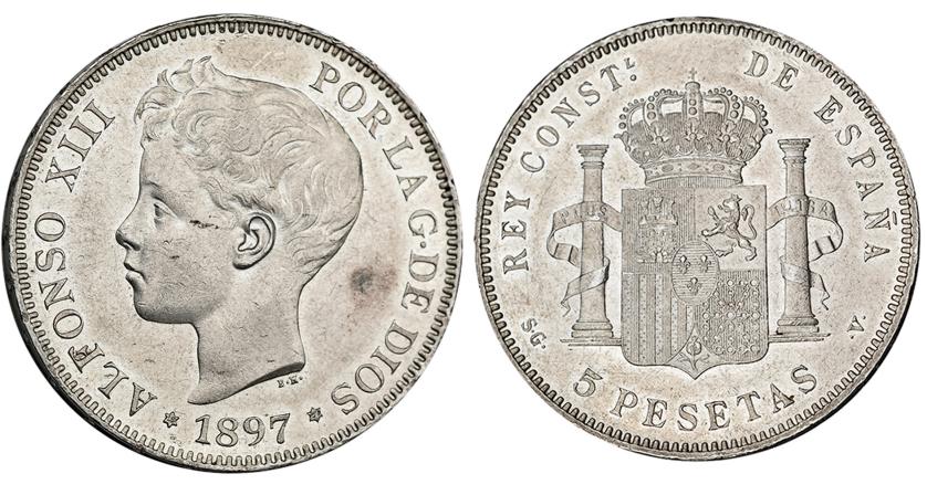 378   -  5 pesetas. 1897 *18-97. Madrid. SGV. VII-189. EBC+/SC.