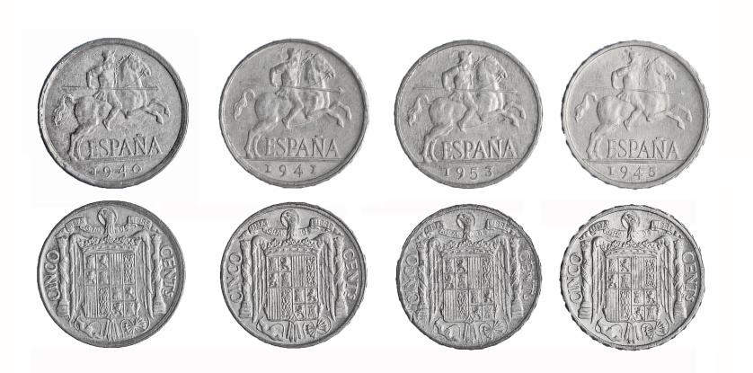 385   -  Lote 4 piezas de 5 céntimos: 1940, 1941, 1945 y 1953. EBC+/SC.