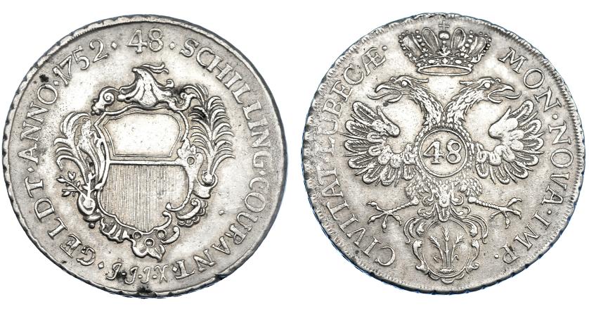 391   -  ESTADOS ALEMANES. LÜBECK. Tálero de 48 Schilling. 1752. DAV-2420. MBC.