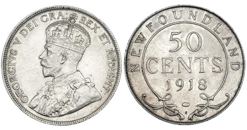 399   -  CANADÁ. Terranova (Newfoundland). Jorge V. 50 centavos. 1918. EBC.