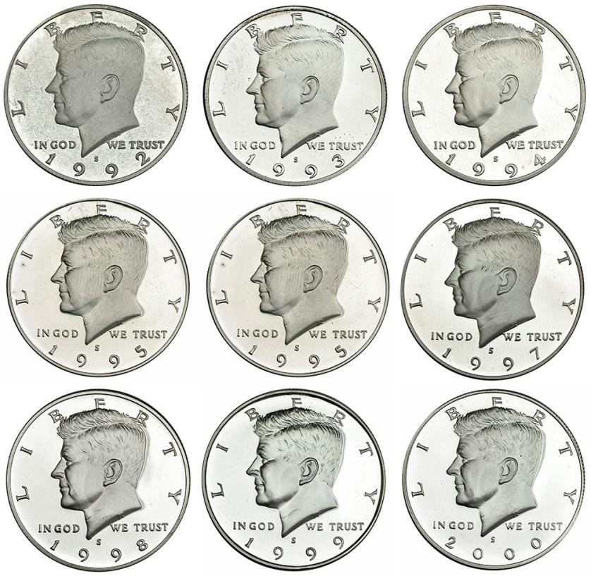 403   -  ESTADOS UNIDOS DE AMÉRICA. Lote de 9 monedas de 1/2 dólar. Kennedy. 1992-2000. Acuñadas en plata en San Francisco. KM B202b. Prueba.