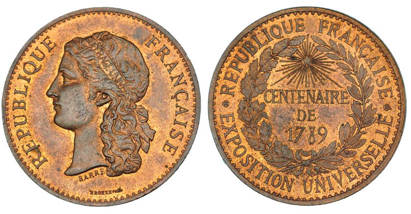 414   -  FRANCIA. Medalla Exposición Universal. Centenario de 1789. AE 33 mm. Grabador Barre. B.O. EBC.